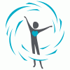 Hope Healing and Transformation logo, a silhouette of a figure with a large stylized heart icon on its chest, raising its arms up surrounded by a circle of blue dashes